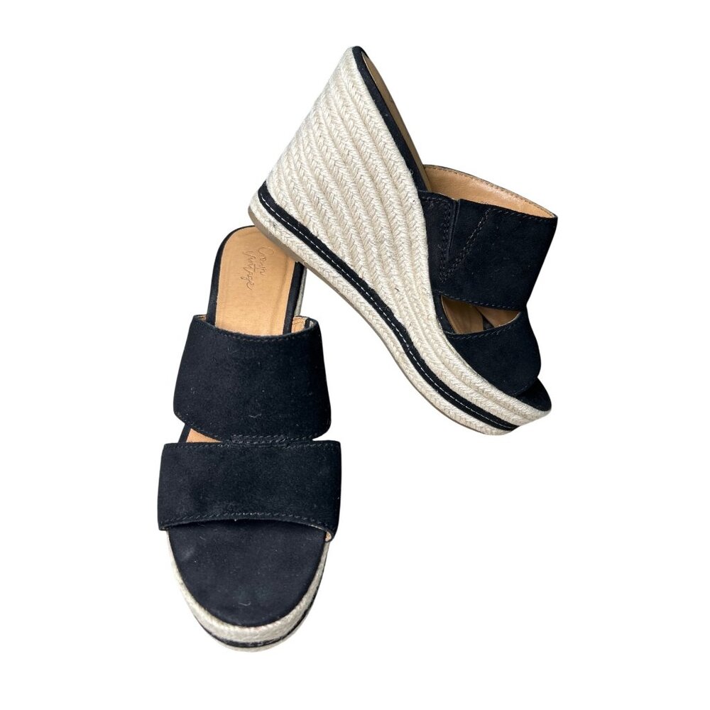 Crown Vintage Wedge Sandals Erasin Black Cream Women's 10 Suede Leather Straps